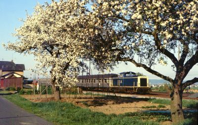 Eine 212 mit Nahverkehrszug nach Friedberg (Hess) am 14.05.1982 in Beienheim. Am Zugschluss läuft eine Schienenbusgarnitur aus Wölfersheim-Södel mit.
